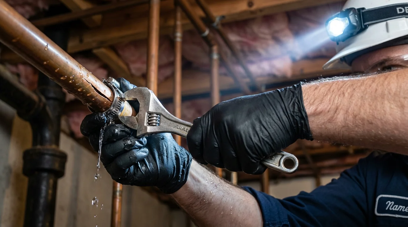 Emergency pipe clamp repair being performed by a Johns Plumbing LLC plumber in Clovis