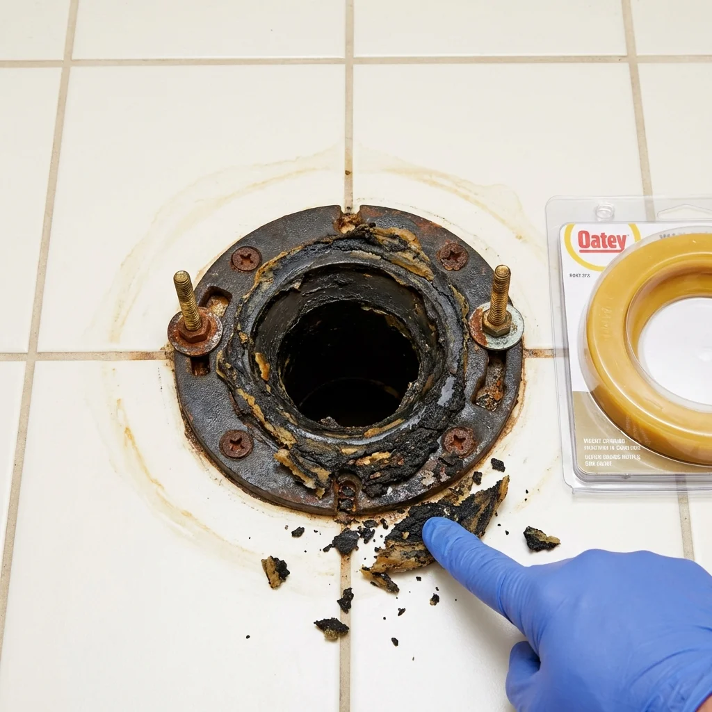 Failed wax ring showing water seepage at the base of a toilet in a Clovis, NM home