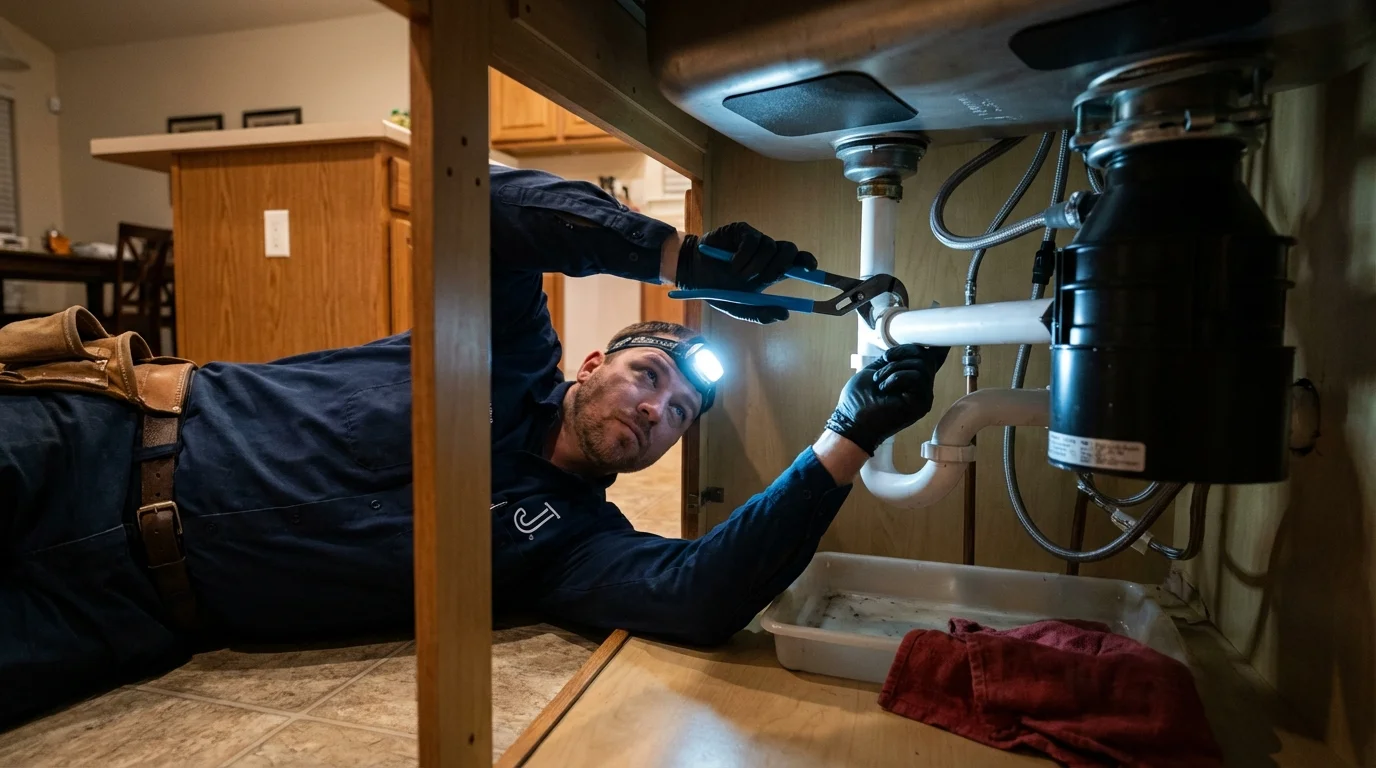 P-trap and supply line connections under a kitchen sink showing a common leak point in Clovis, NM